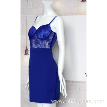 Ladies Blue Lace Strapless Dress With Breast Padded